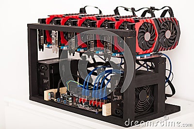 Cryptocurrency background mining rig, Close up of array of GPU Stock Photo