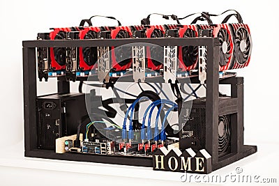 Cryptocurrency background mining rig, Close up of array of GPU Stock Photo