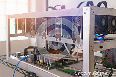 Cryptocurrency background mining rig, Cryptocurrency mining ri Stock Photo