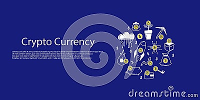 Cryptocurrency banner. Bitcoin lending page. Line financial objects, outline crypto coins, blockchain technology. Mining, exchange Vector Illustration
