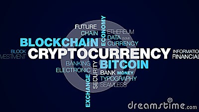 Cryptocurrency bitcoin blockchain economy technology business e-commerce mining digital exchange finance animated word Stock Photo