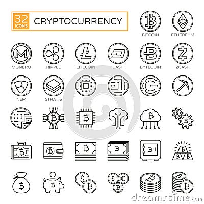 Cryptocurrency, bitcoin, blockchain - minimal thin line web icon set 32pc, simple outline vector icons collection Vector Illustration