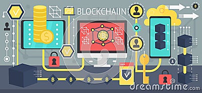 Cryptocurrency bitcoin and blockchain network technology concept. Different devices connected in one network. Vector Vector Illustration