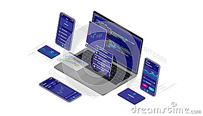Cryptocurrency, bitcoin, blockchain website software application design and development 3d isometric illustration cross platform Cartoon Illustration