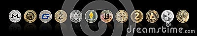 Cryptocurrency Bitcoin BTC with ETH Ethereum, Cardano, Ripple, Litecoin, MIOTA, Zcash, Monero, GASH, defi altcoins Editorial Stock Photo