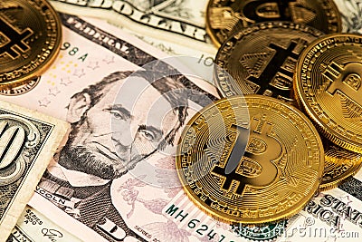 Cryptocurrency Bitcoin BTC and US Dollar. Stock market concept. USD to BTC Market Price Stock Photo