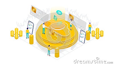 Cryptocurrency, bitcoin, ethereum, cardano, blockchain, mining, technology, internet IoT, security, isometric 3d flat illustration Vector Illustration