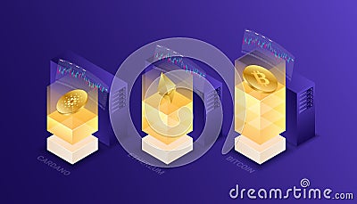 Cryptocurrency, bitcoin, ethereum, cardano, blockchain, mining, technology, internet IoT, security, isometric 3d illustration Cartoon Illustration