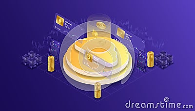 Cryptocurrency, bitcoin, ethereum, cardano, blockchain, mining, technology, internet IoT, security, mobile dashboard isometric 3d Cartoon Illustration