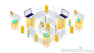 Cryptocurrency, bitcoin, ethereum, cardano, blockchain, mining, technology, internet IoT, security, mobile dashboard isometric 3d Cartoon Illustration
