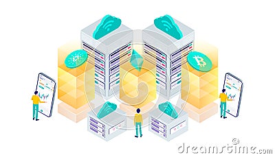 Cryptocurrency, bitcoin, ethereum, cardano, blockchain, mining, technology, internet IoT, security, web dashboard isometric 3d Cartoon Illustration