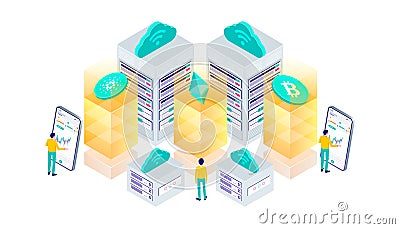 Cryptocurrency, bitcoin, ethereum, cardano, blockchain, mining, technology, internet IoT, security, web dashboard isometric 3d Vector Illustration