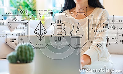 Cryptocurrency - Bitcoin, Ethereum, Litecoin with woman using her laptop Editorial Stock Photo