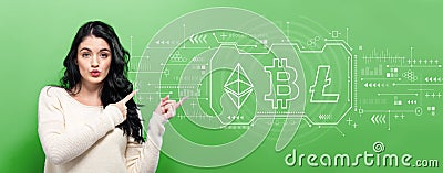 Cryptocurrency - Bitcoin, Ethereum, Litecoin with young woman Editorial Stock Photo