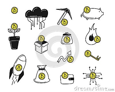 Cryptocurrency. Bitcoin icons set. Line financial objects, outline crypto coins, blockchain technology. Mining, exchange and groth Vector Illustration