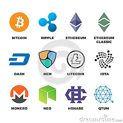 Cryptocurrency bitcoin, litecoin ethereum vector flat icons Vector Illustration