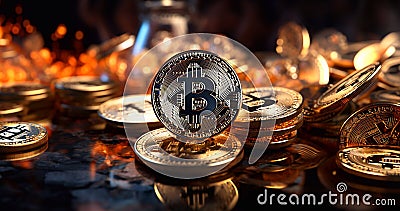 The cryptocurrency Bitcoin stands out among a multitude of coins. Stock Photo