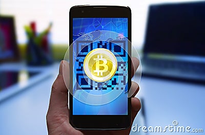 Bitcoin mobile wallet, online mobile cryptocurrency payment concept. Stock Photo