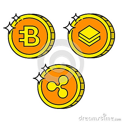 Cryptocurrency black outline gold icons bytecoin, ripple and stratis Vector Illustration