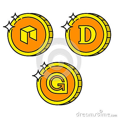Cryptocurrency black outline gold icons dogecoin, gamecredits, neo Vector Illustration