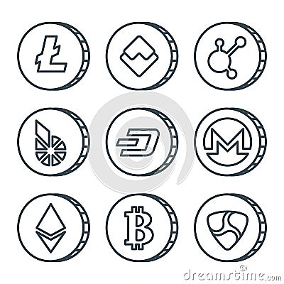 Cryptocurrency black outline icon set isolated Vector Illustration