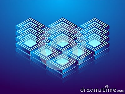 Cryptocurrency and blockchain, abstract isometric 3D illustration. Cryptocurrency mining farm, vector technology background Vector Illustration