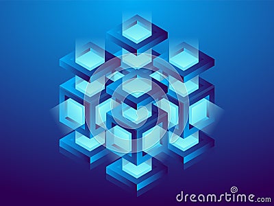 Cryptocurrency and blockchain, abstract isometric 3D illustration. Cryptocurrency mining farm, vector technology background Vector Illustration
