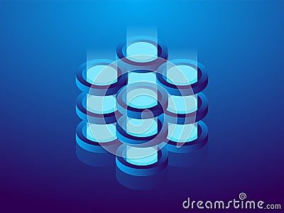 Cryptocurrency and blockchain, abstract isometric 3D illustration. Cryptocurrency mining farm, vector technology background Vector Illustration