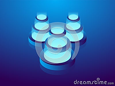 Cryptocurrency and blockchain, abstract isometric 3D illustration. Cryptocurrency mining farm, vector technology background Vector Illustration