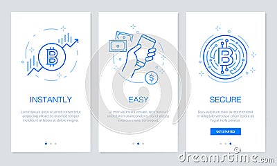 Cryptocurrency and Blockchain concept onboarding app screens. Modern and simplified vector illustration walkthrough screens templa Vector Illustration