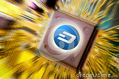 Cryptocurrency and blockchain - financial technology and internet money - circuit board mining and coin DASH Editorial Stock Photo