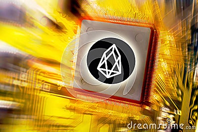 Cryptocurrency and blockchain - financial technology and internet money - circuit board mining and coin EOS Editorial Stock Photo