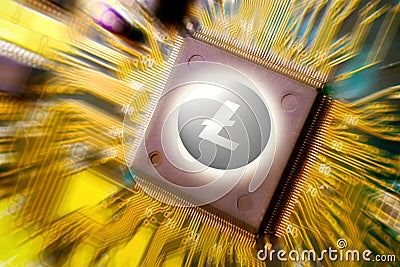 Cryptocurrency and blockchain - financial technology and internet money - circuit board mining and coin Litecoin LTC Stock Photo