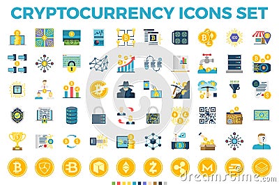 Cryptocurrency and Blockchain Flat Icons Vector Illustration