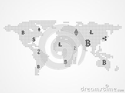 Cryptocurrency and blockchain infographic on world map. Vector Illustration