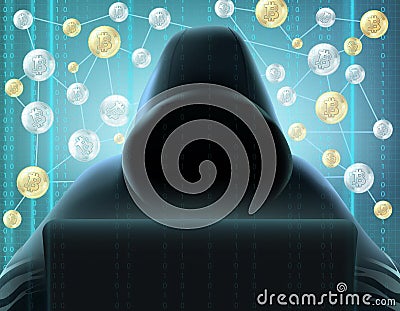 Cryptocurrency blockchain realistic miner in black hood behind computer against digital screen and bitcoins net Vector Illustration