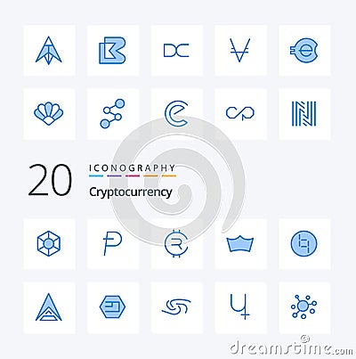 20 Cryptocurrency Blue Color icon Pack like coin crypto currency rubycoin crypto crown Vector Illustration