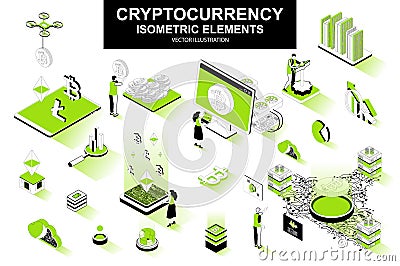Cryptocurrency bundle of isometric elements. Bitcoin, litecoin and ethereum cryptocurrency, mining hardware, fintech application Vector Illustration