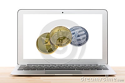 Cryptocurrency business concept. Laptop computer with bitcoin, litecoin and ethereum on the display on light wooden table. Isolate Editorial Stock Photo