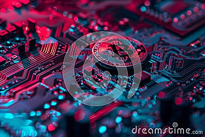 Cryptocurrency coin on a computer motherboard, crypto currency mining concept. Tokens Blockchain.By generative Ai Stock Photo