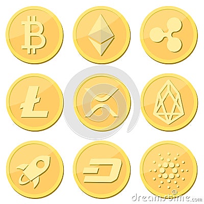 Cryptocurrency coin set: bitcoin, litecoin, ripple coin, ethereum, rpx, eos, stellar, dash, cardaro coins Golden coins with Editorial Stock Photo