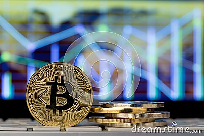 Cryptocurrency coins - Bitcoin and other close up Stock Photo