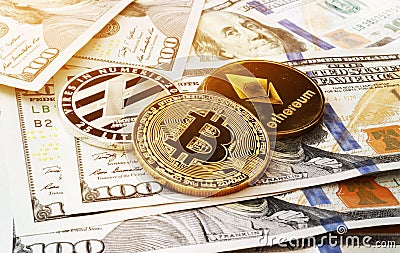 Cryptocurrency coins on a dollar bills. Crypto exchange trading. Editorial Stock Photo