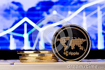 Cryptocurrency coins - Ripple and other close up Editorial Stock Photo