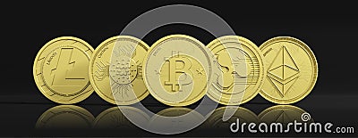 Cryptocurrency. Golden bitcoin and variety of golden virtual coins on black background, banner, front view. 3d illustration Cartoon Illustration