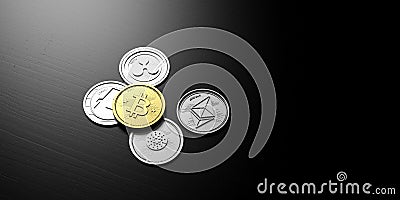 Cryptocurrency. Golden bitcoin and variety of silver virtual coins on black background, banner, copy space. 3d illustration Cartoon Illustration
