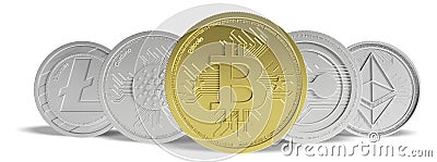 Cryptocurrency. Golden bitcoin and variety of silver virtual coins on white background, banner, front view. 3d illustration Cartoon Illustration
