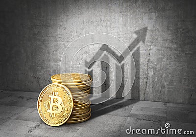 Cryptocurrency concept. Growth of bitcoin. Bitcoin stack cast shadow in form of growth graphic. 3d Cartoon Illustration