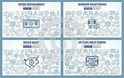 Cryptocurrency concept hand drawn doodle designs like: blockchains, software wallet etc Vector Illustration