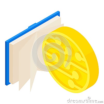 Cryptocurrency concept icon isometric vector. Digital golden coin and open book Stock Photo
